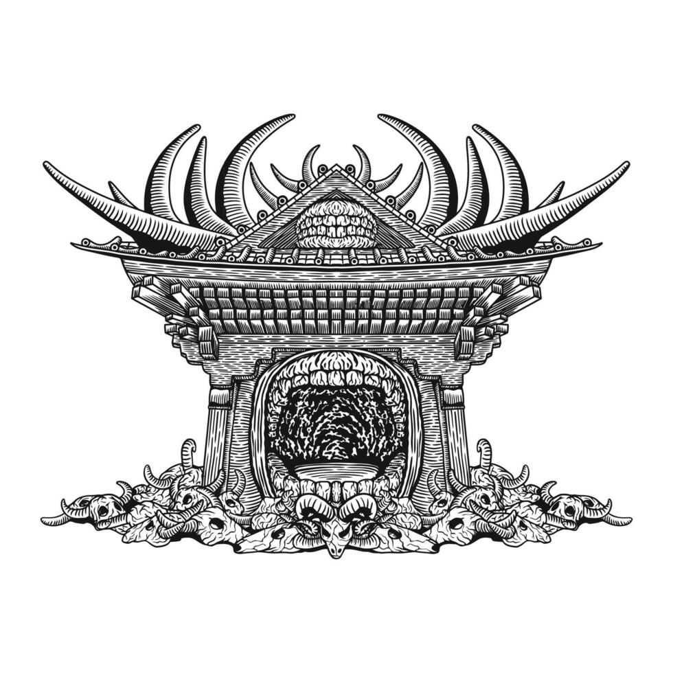 detallado línea Arte tatuaje, ilustración de de madera portón con cráneo, negro dominio vector