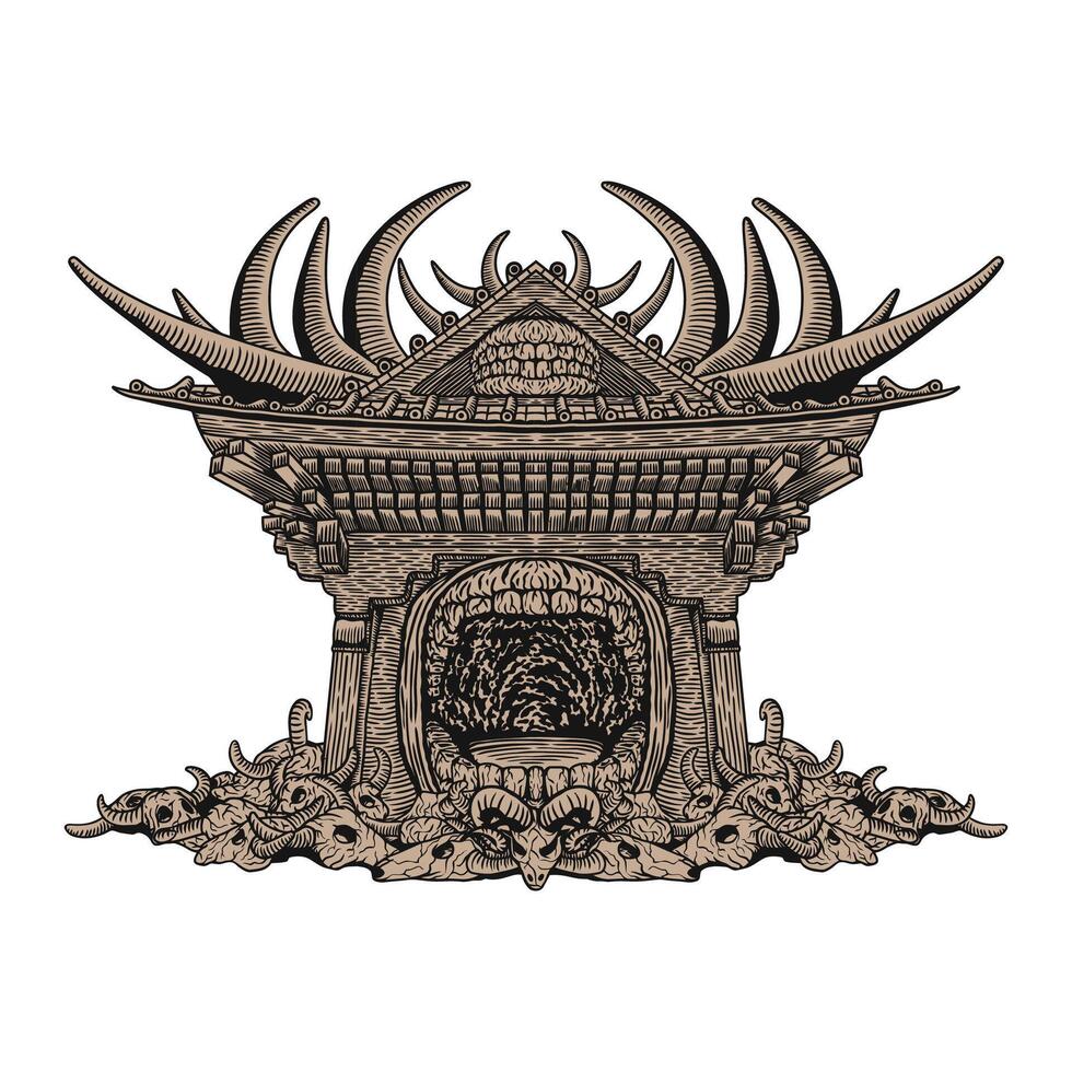 detailed line art vintage, illustration of wooden gate with skull, black domain vector