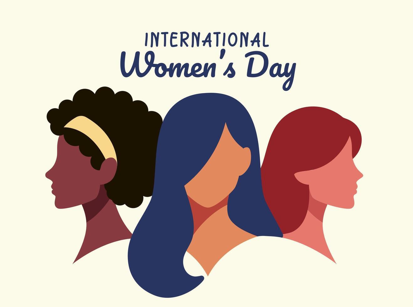 internacional De las mujeres día. Tres diverso mujer caras de diferente etnia póster vector