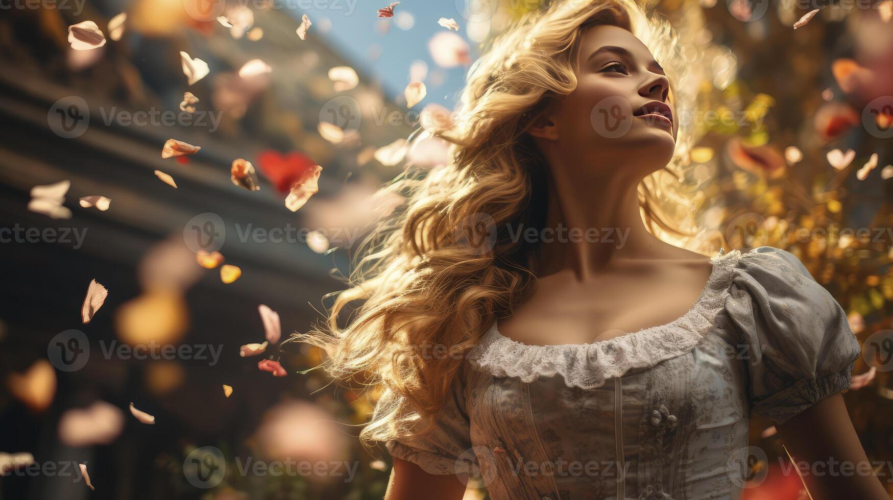 AI generated Woman in White Dress Surrounded by Butterflies in a Serene Setting photo