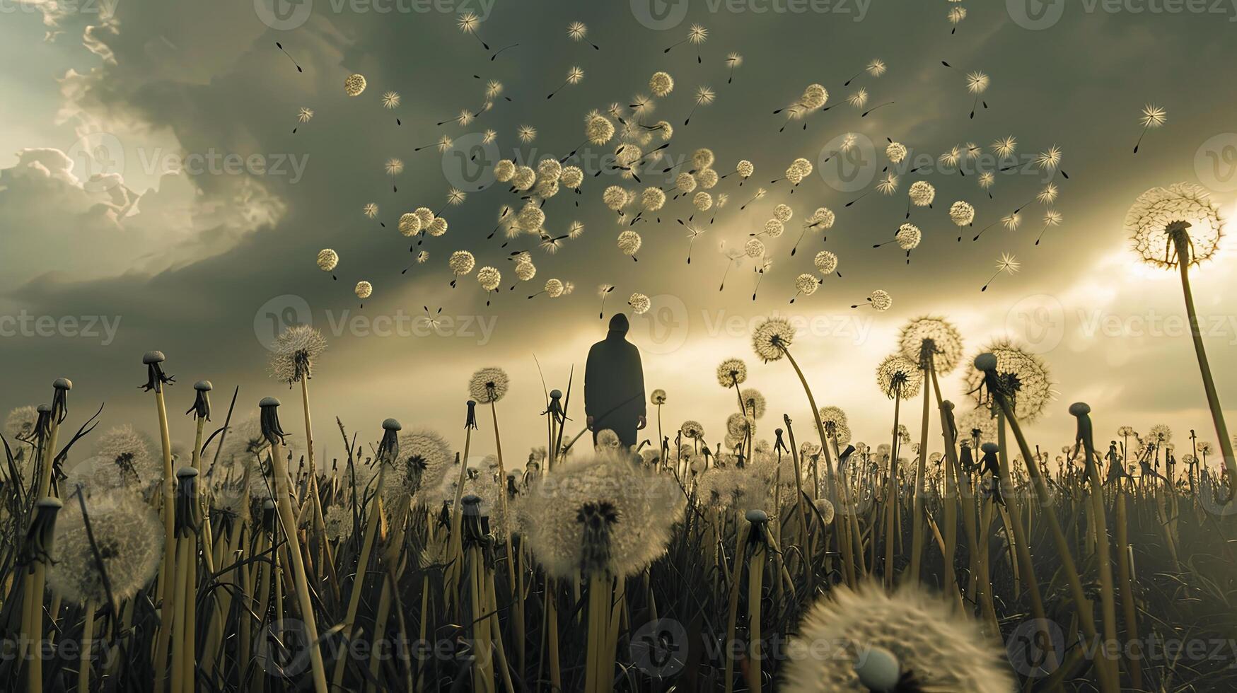 AI generated Man Standing in Field of Dandelions photo