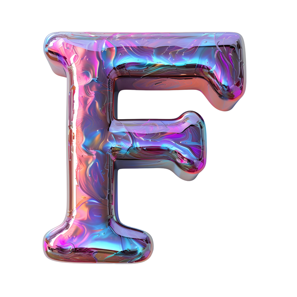AI generated Letter F 3D glossy liquid style effect with hologram color gradient png