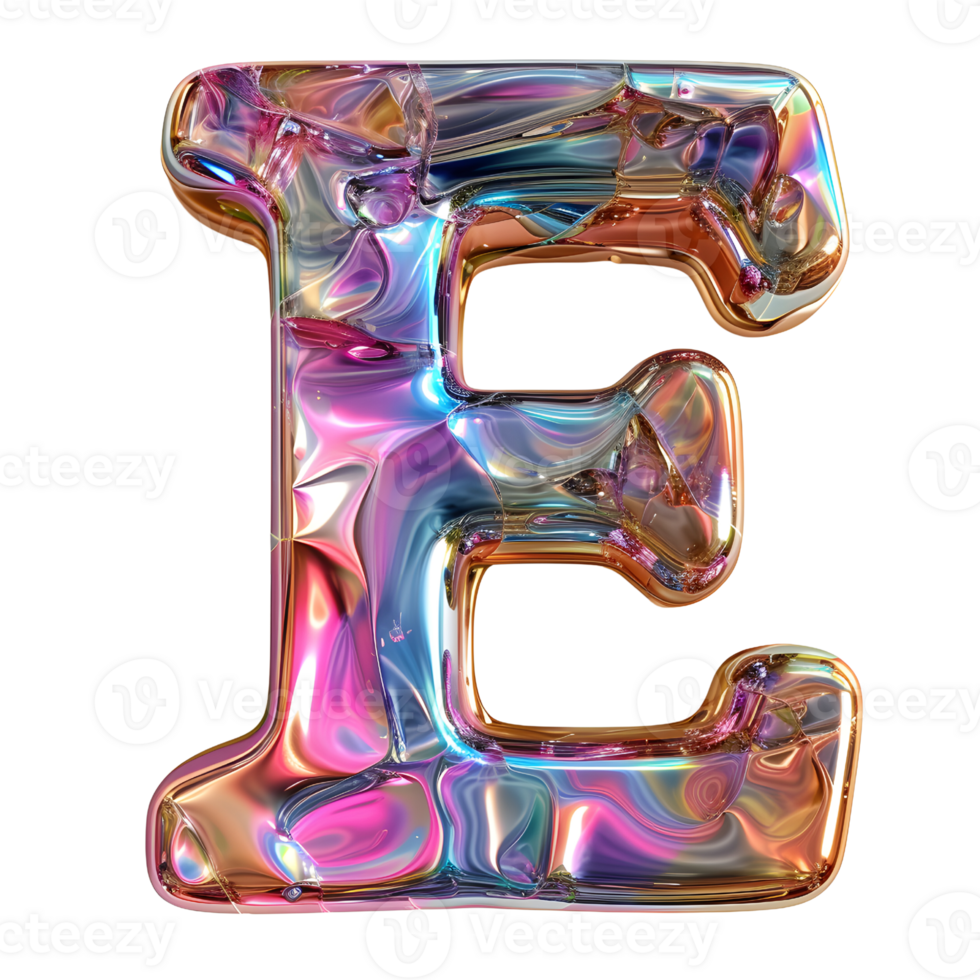 AI generated E alphabet 3D glossy liquid style effect with hologram color gradient png