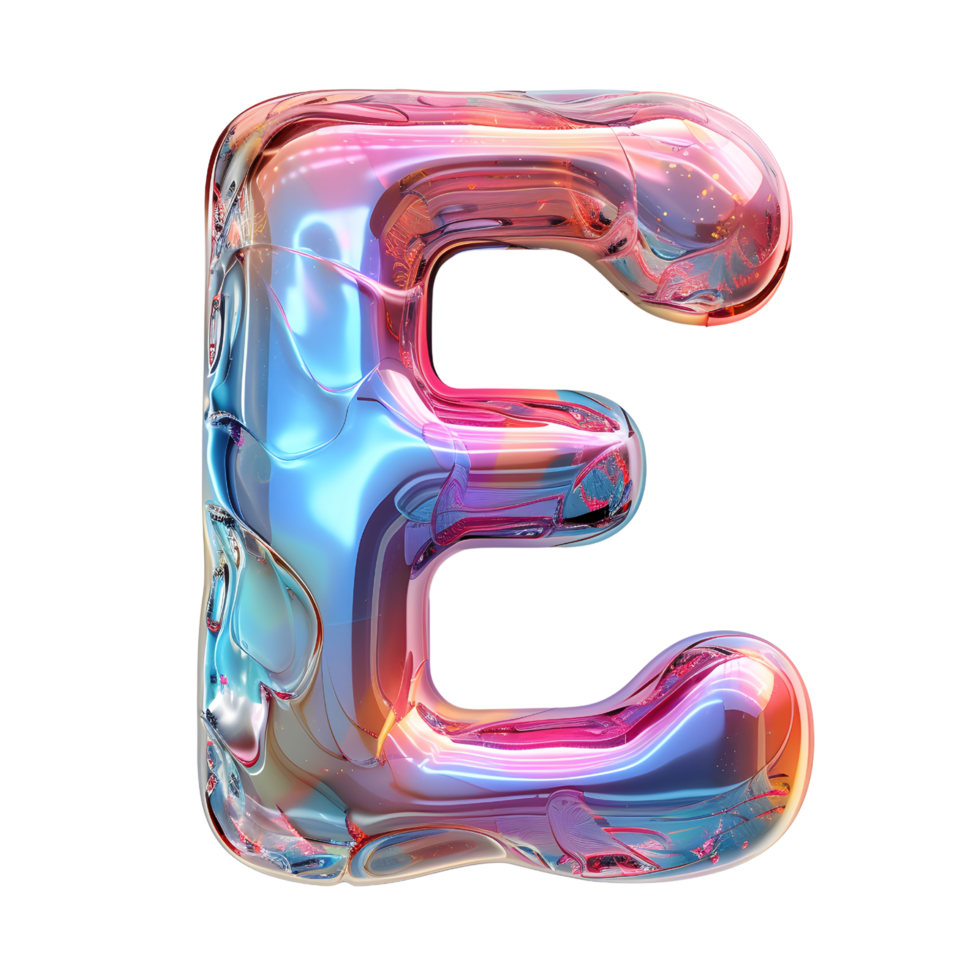 AI generated Letter E 3D glossy liquid style effect with hologram color gradient png