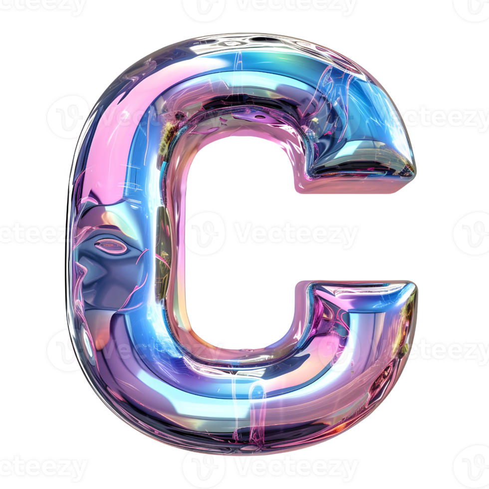 AI generated C alphabet 3D glossy liquid style effect with hologram color gradient png