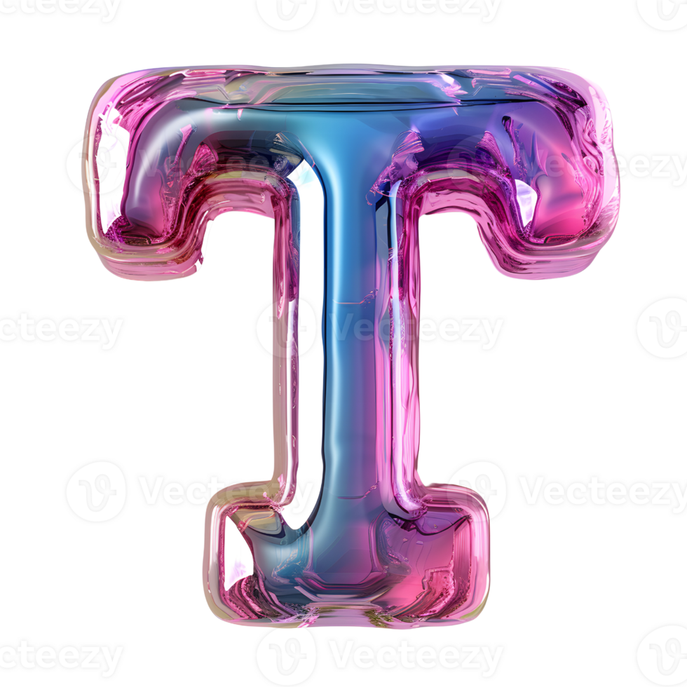 AI generated T alphabet 3D glossy liquid style effect with hologram color gradient png