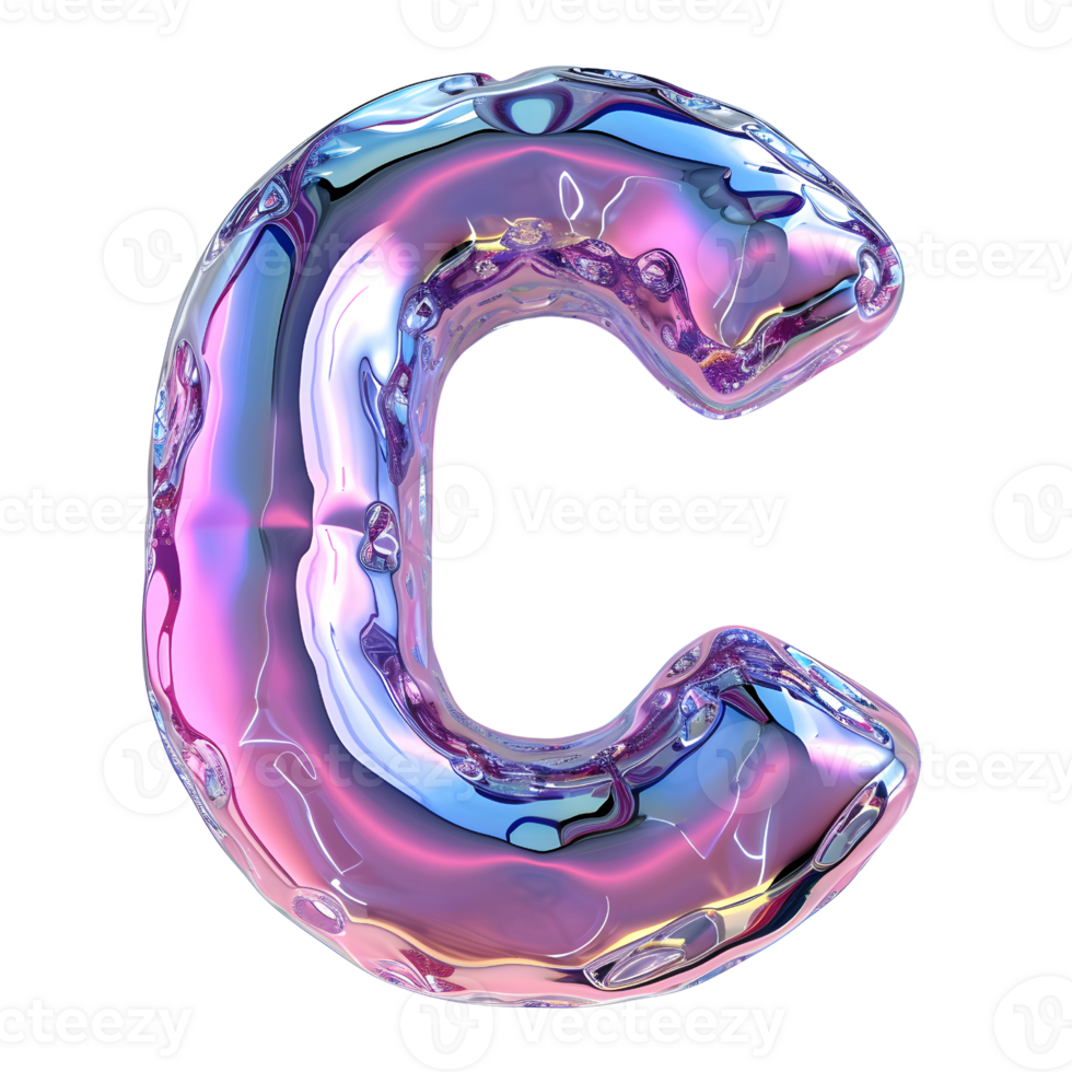 AI generated Letter C 3D glossy liquid style effect with hologram color gradient png