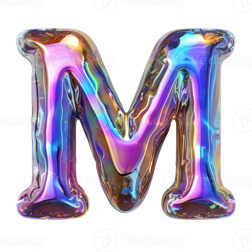 AI generated M alphabet 3D glossy liquid style effect with hologram color gradient png