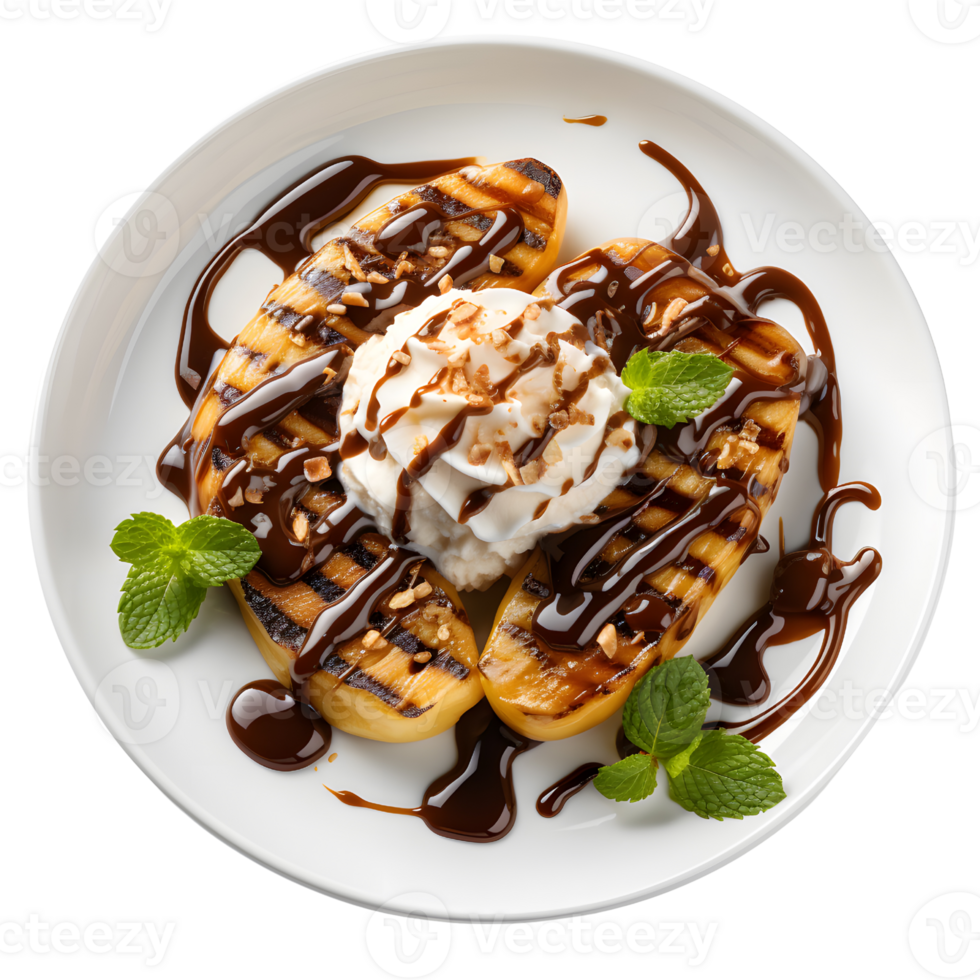 AI generated grilled banana topped with ice cream and chocolate sauce on a white plate png