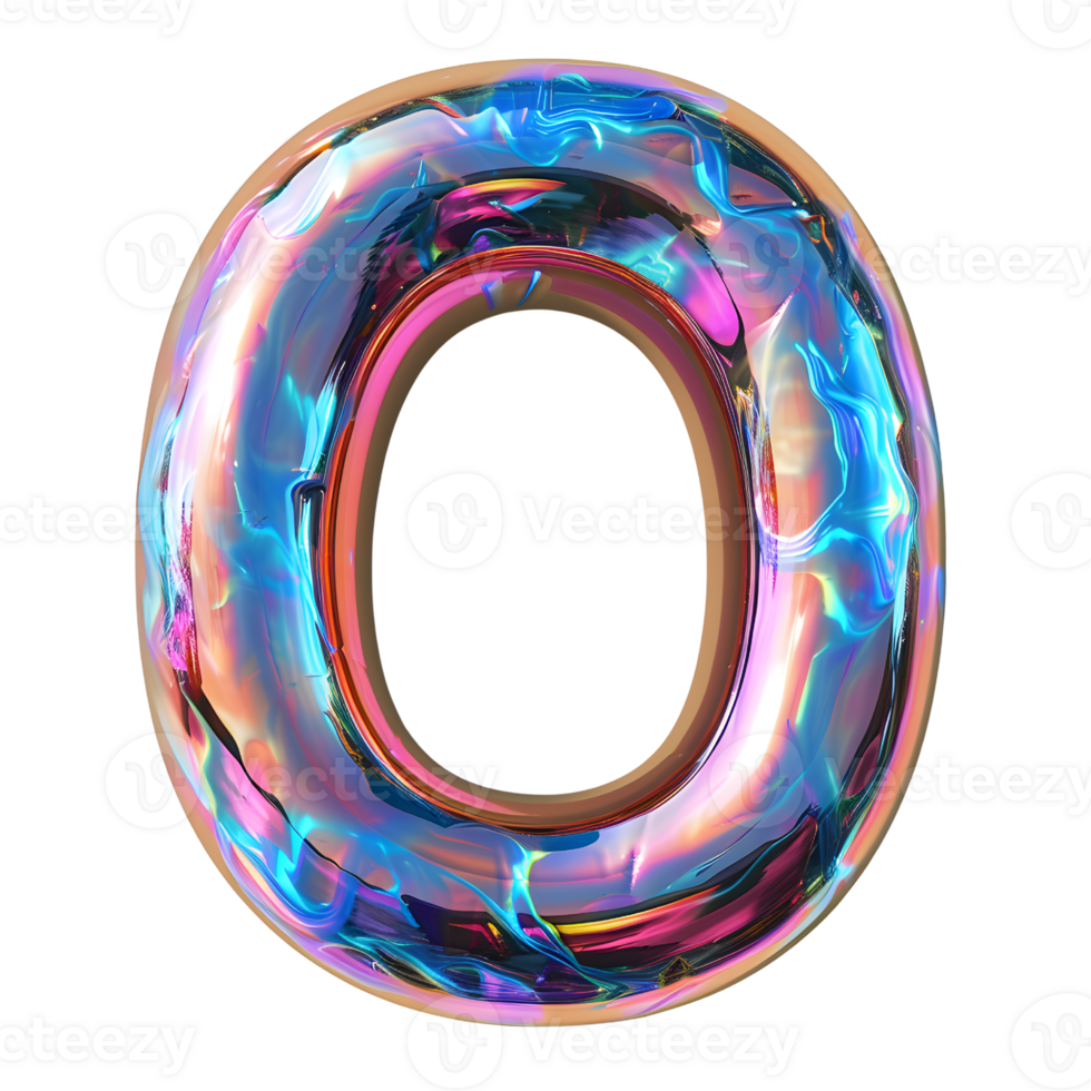 AI generated Letter O 3D glossy liquid style effect with hologram color gradient png