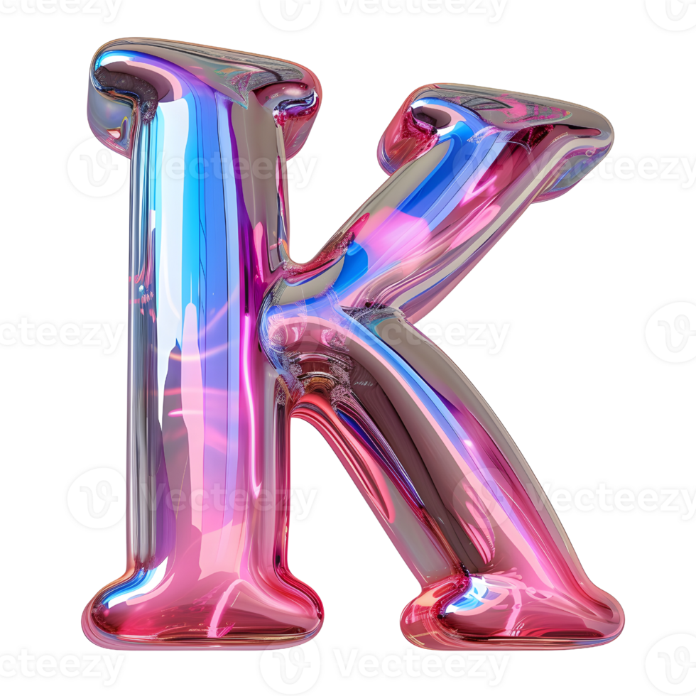 AI generated K alphabet 3D glossy liquid style effect with hologram color gradient png