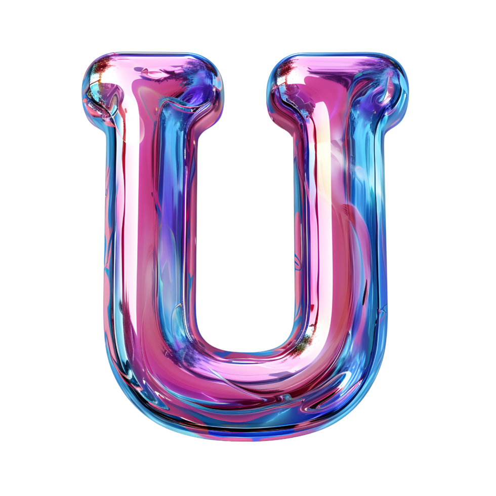 AI generated U alphabet 3D glossy liquid style effect with hologram color gradient png