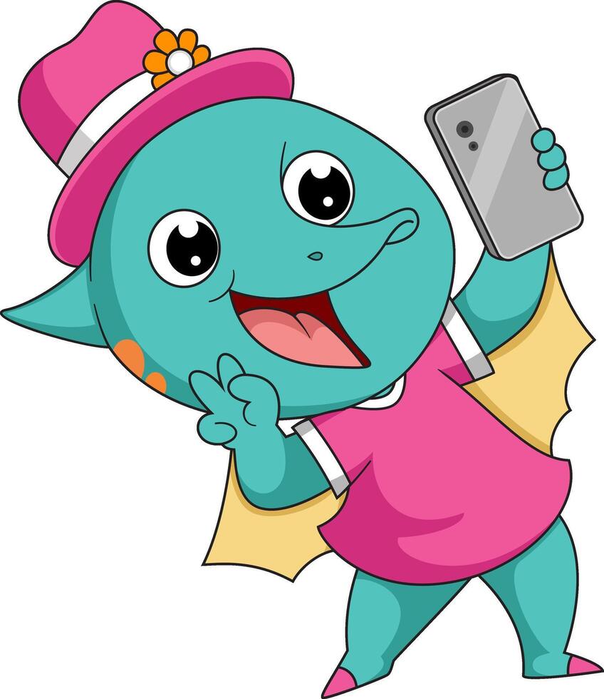 linda pequeño dinosaurio dibujos animados tomando selfie con teléfono vector