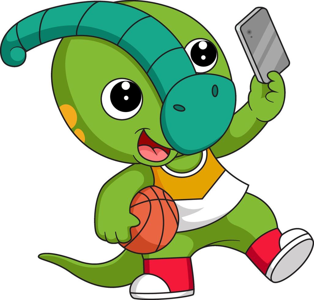 Cute little  dinosaur cartoon taking selfie with phone vector