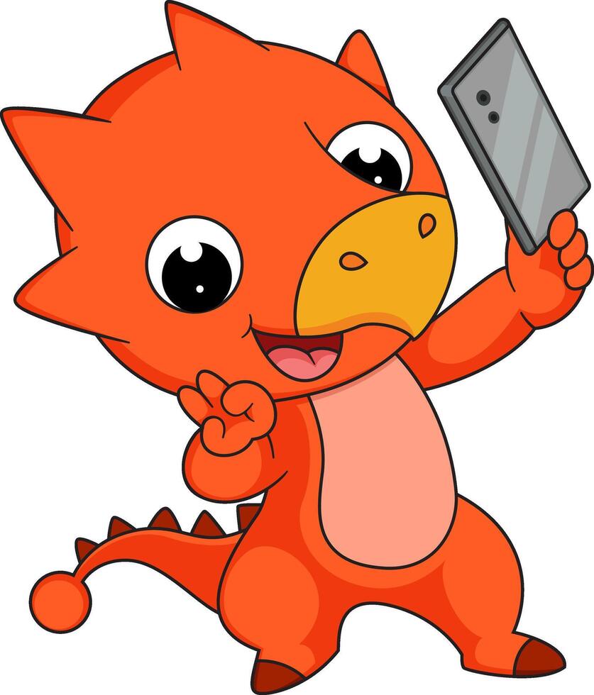 linda pequeño dinosaurio dibujos animados tomando selfie con teléfono vector