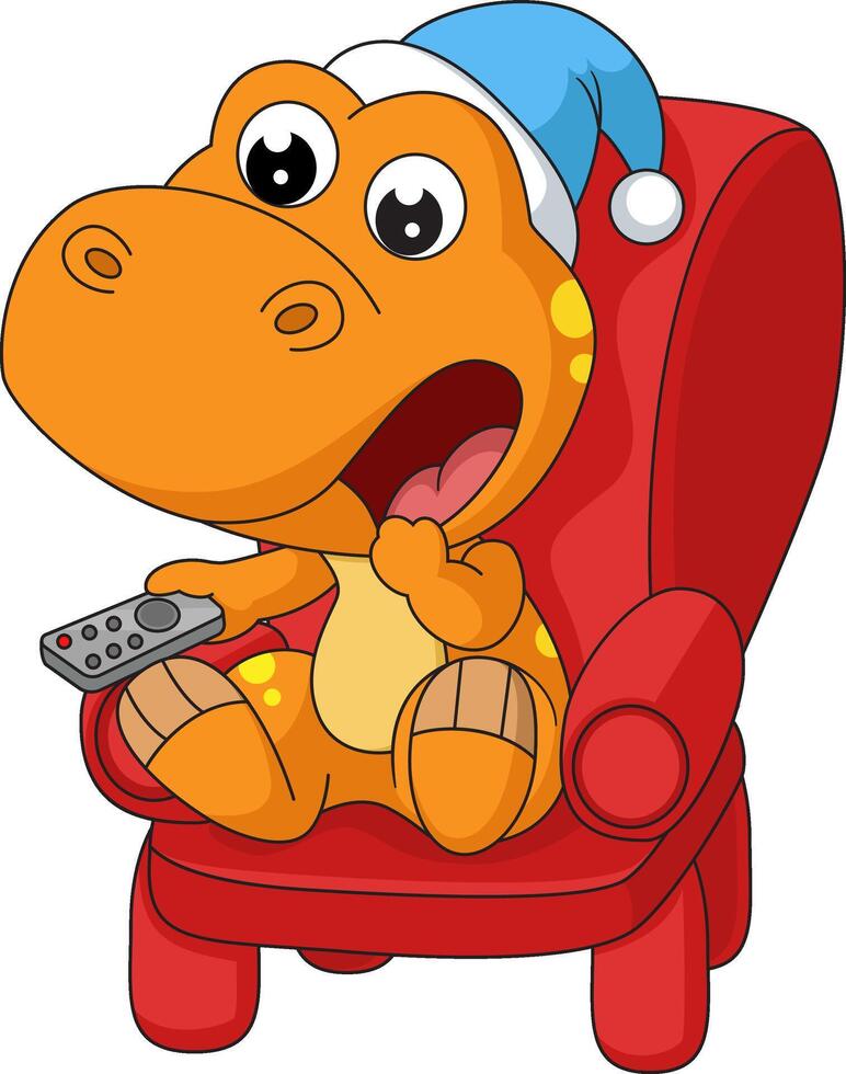 Cute little  dinosaur cartoon sitting on armchair switching channels with remote vector
