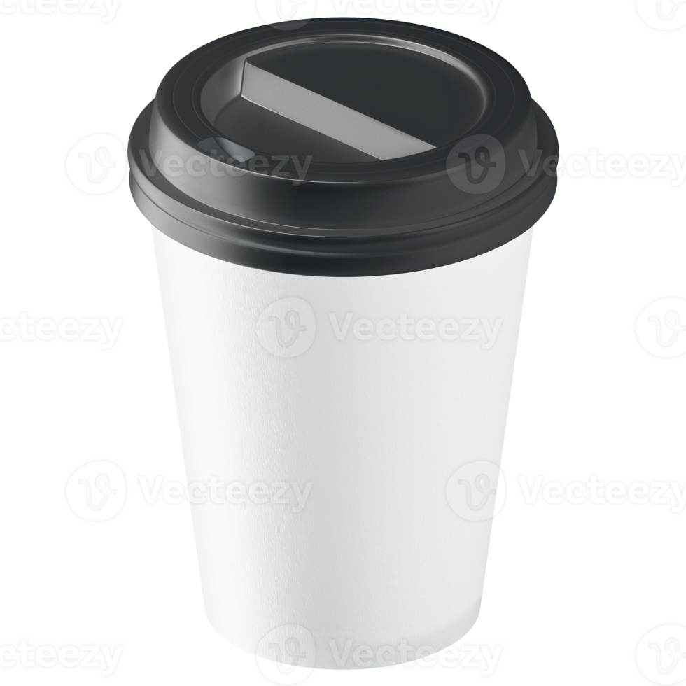 Clean and blank white paper cup for coffee without background. Template for mockup. With black lid png