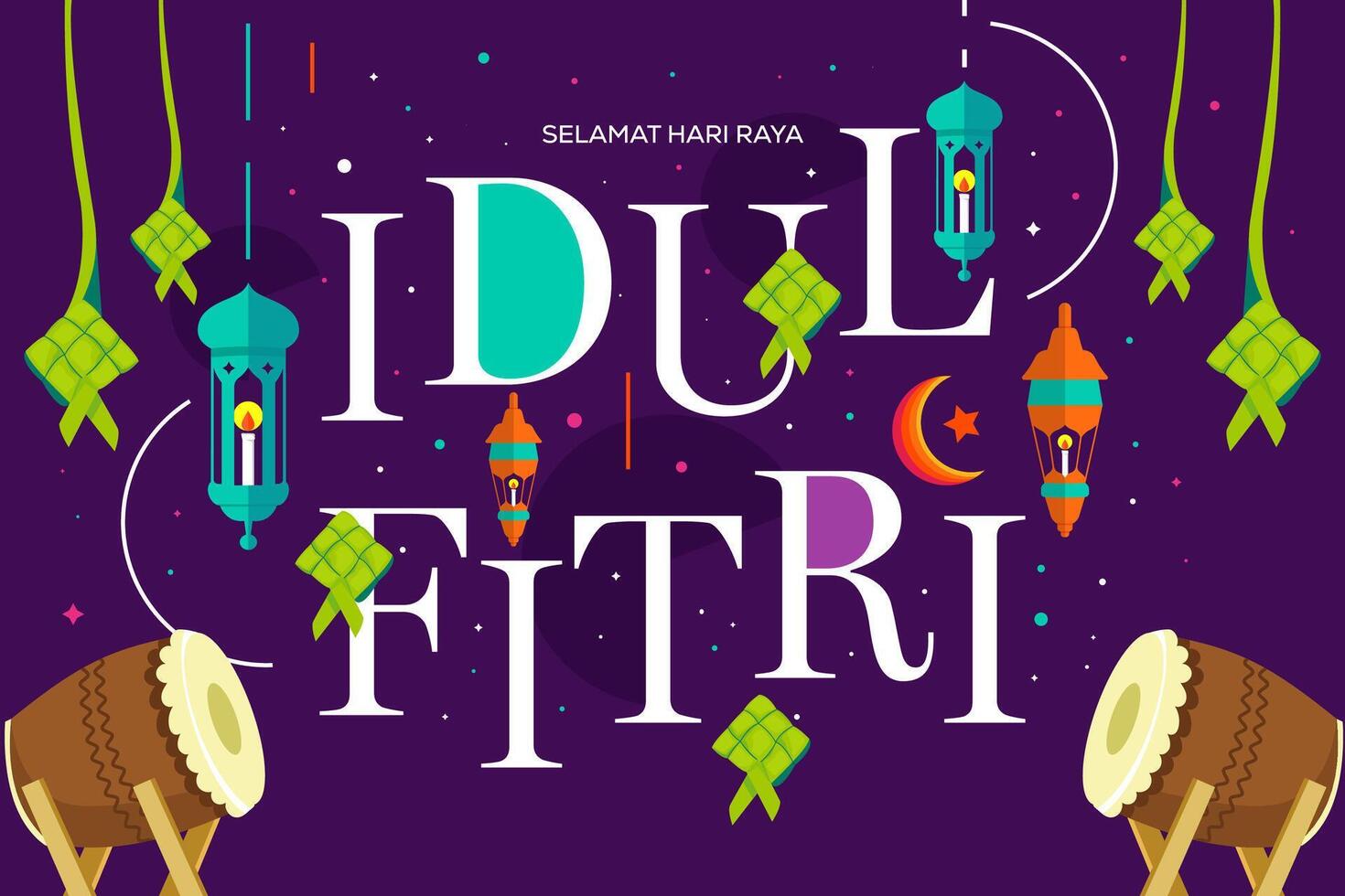 flat design hari raya idul fitri background illustration. translation happy eid al fitr vector