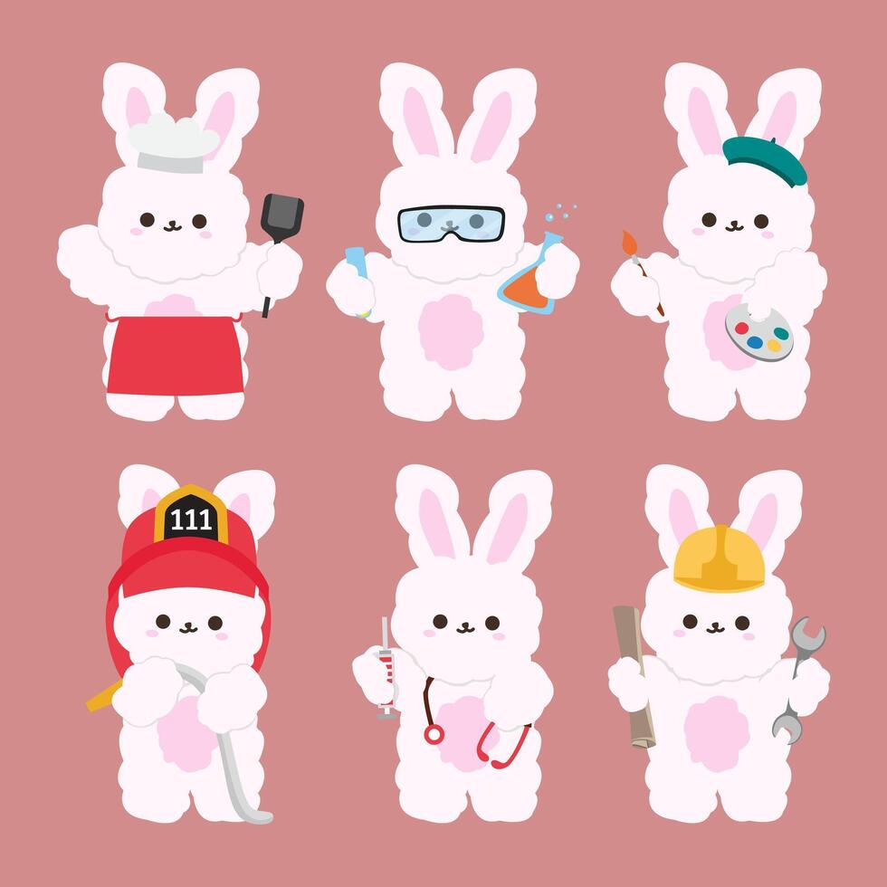 set of funny cartoon profession bunny vector