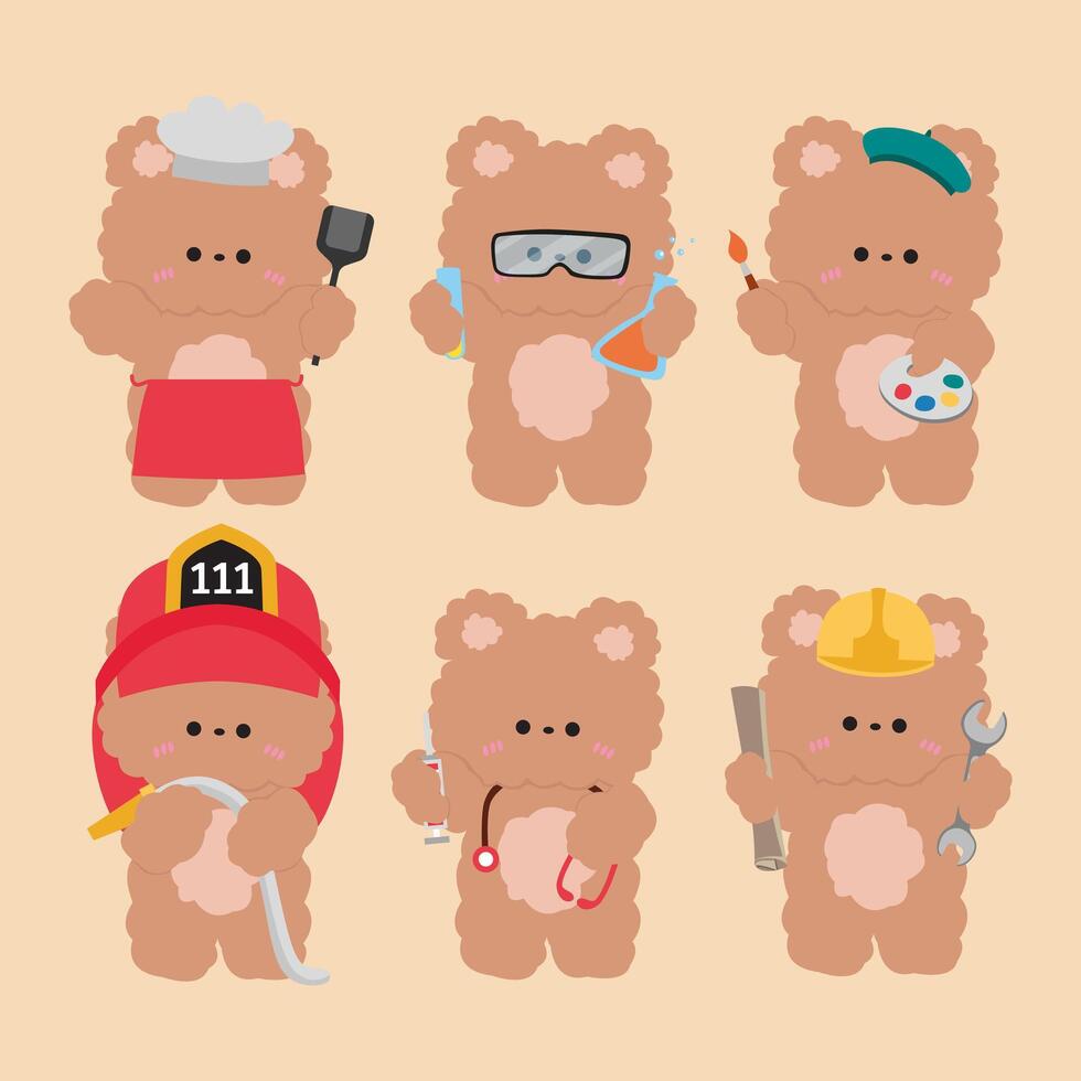 set of funny cartoon profession cute bear vector