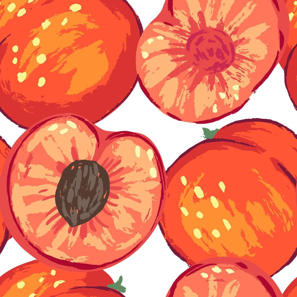 Seamless pattern of peaches in modern style. Vector illustration of fresh tasty fruits with leaves. Bright contemporary ornament. Design for decor, wallpaper, background, textile.