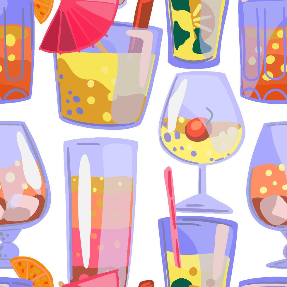 Bright cocktails, beverages in glasses seamless pattern. Colorful ornament in cartoon style. Abstract design for summer print, wrap, decor, fabric, textile, background, wallpapers. vector