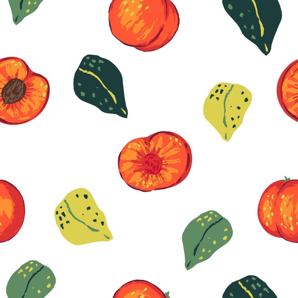 sin costura modelo de duraznos en moderno estilo. vector ilustración de Fresco sabroso frutas con hojas. brillante contemporáneo ornamento. diseño para decoración, fondo de pantalla, fondo, textil.