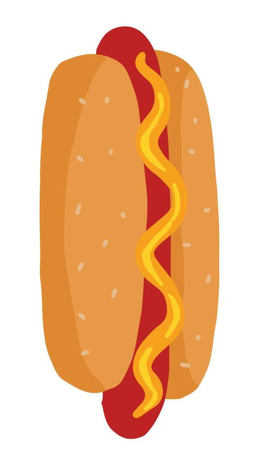 Classic hot dog fast food. Hand drawn vector illustration in flat style. Single sandwich doodle. Cartoon clipart isolated on white background.