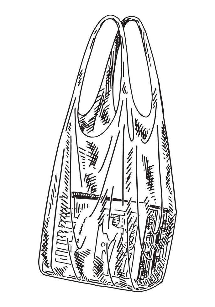 Outline drawing of books in a net bag. Cozy library or bookstore concept. Hand drawn vector illustration. Engraving retro style clipart isolated on white background.