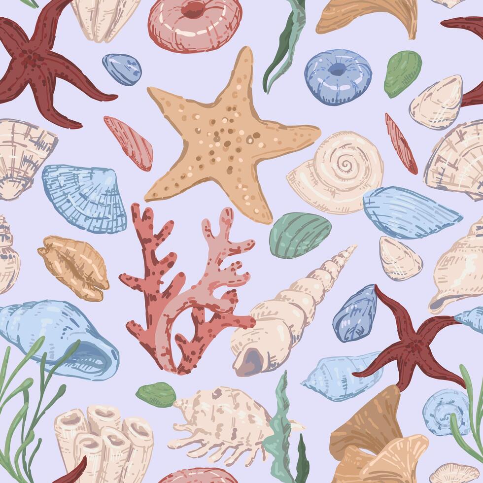 estrellas de mar, conchas, piedras, algas marinas, coral, mar ornamento. resumen vector sin costura modelo de submarino vida.