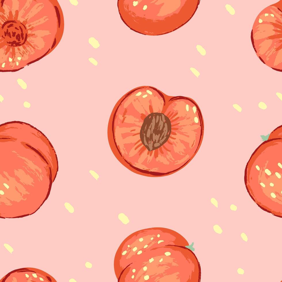 sin costura modelo de duraznos en moderno estilo. vector ilustración de Fresco sabroso frutas con hojas. brillante contemporáneo ornamento. diseño para decoración, fondo de pantalla, fondo, textil.