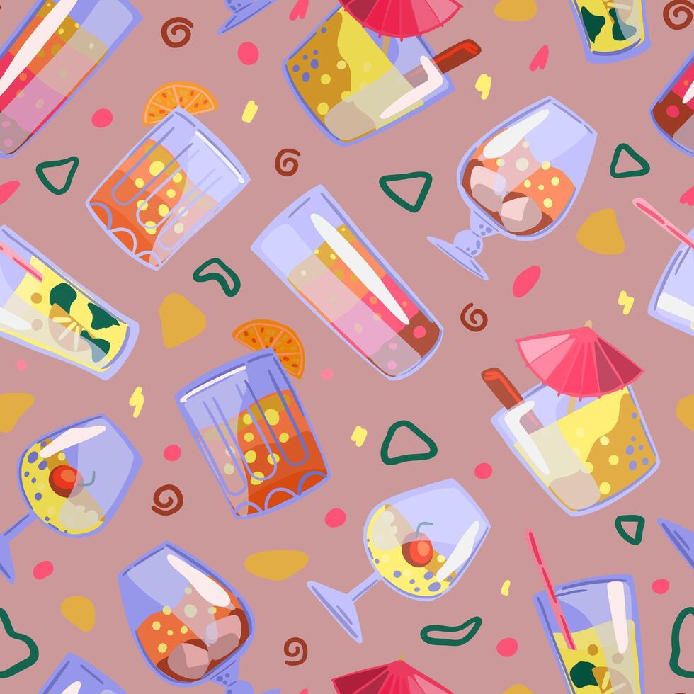 Bright cocktails, beverages in glasses seamless pattern. Colorful ornament in cartoon style. Abstract design for summer print, wrap, decor, fabric, textile, background, wallpapers. vector