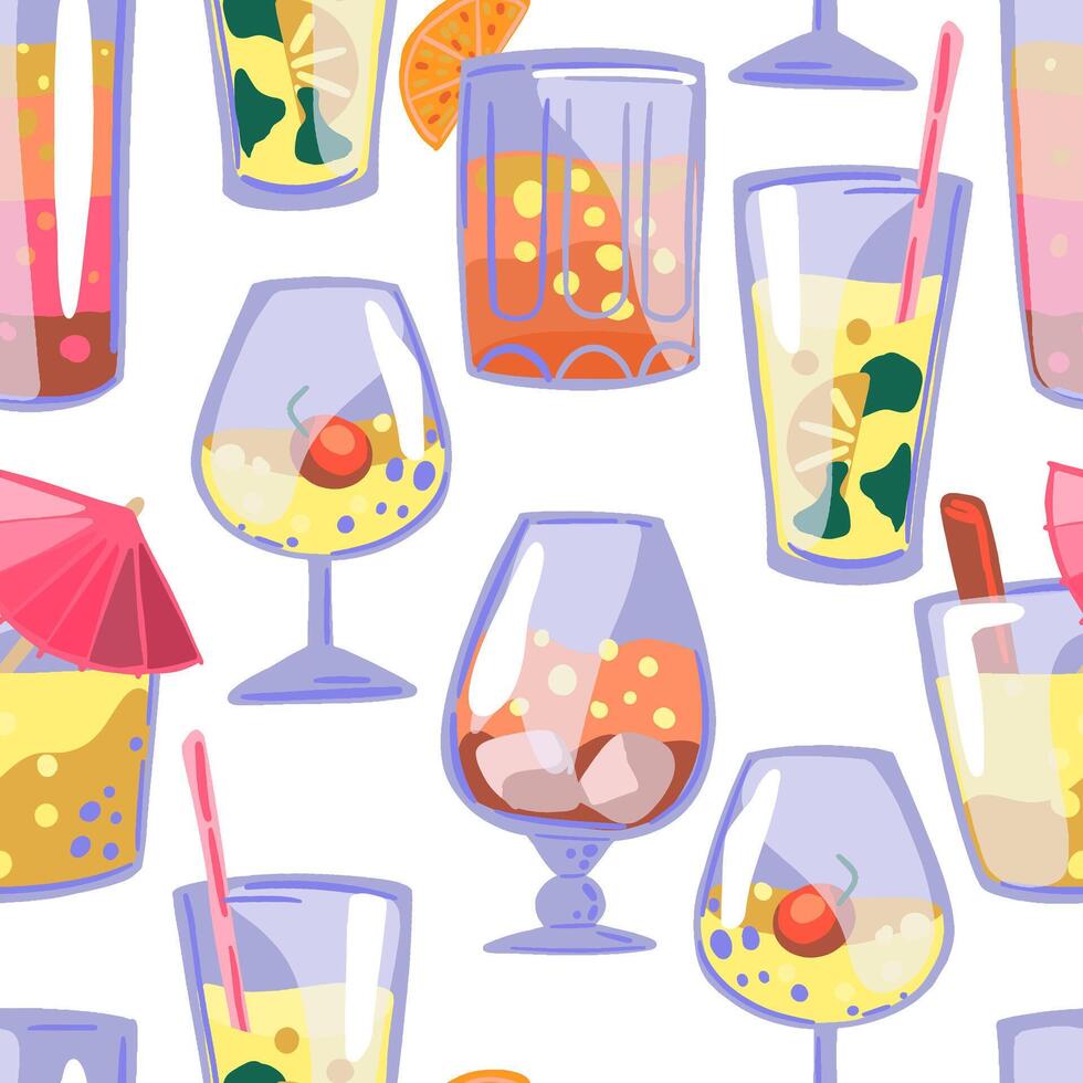 Bright cocktails, beverages in glasses seamless pattern. Colorful ornament in cartoon style. Abstract design for summer print, wrap, decor, fabric, textile, background, wallpapers. vector