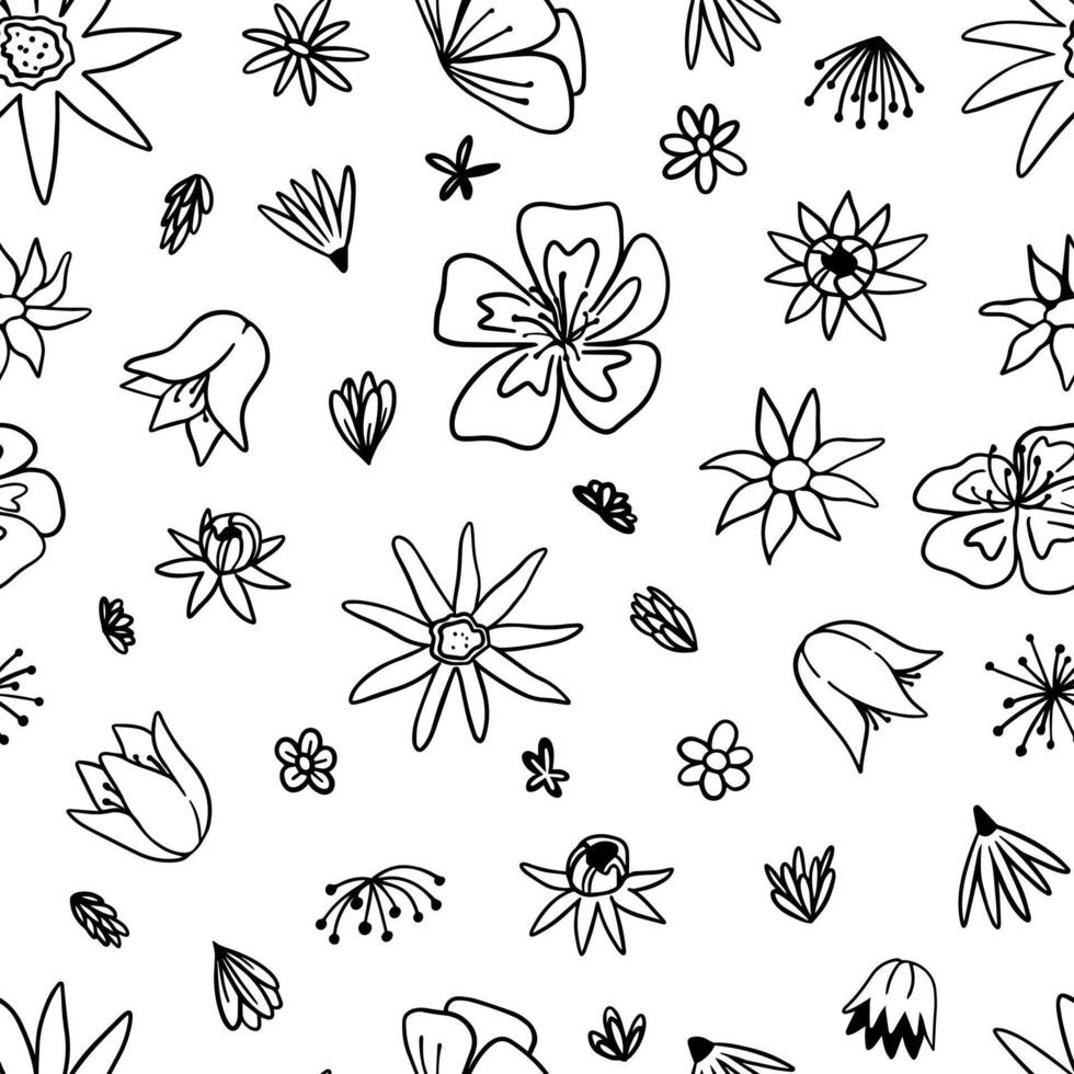 Floral hand drawn vector seamless pattern. Background with abstract flowers. Botanical ornament in doodles style.