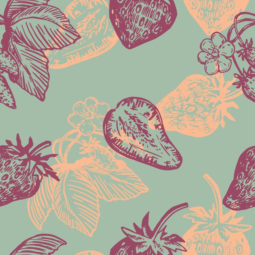 sin costura modelo de fresa bayas. verano Fruta baya ornamento. mano dibujado vector ilustración. retro grabado estilo diseño para decoración, fondo de pantalla, antecedentes.