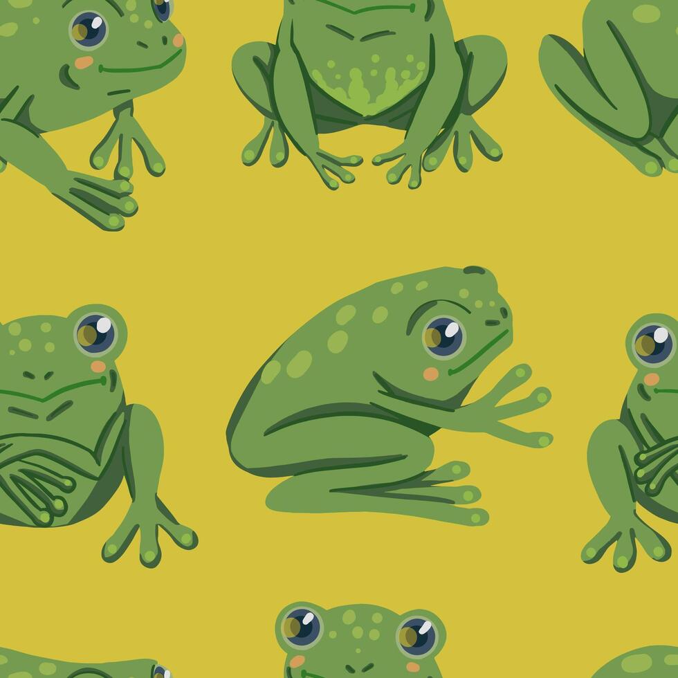 Cute frogs, hand drawn vector seamless pattern. Colored cartoon ornament with animals. Funny design for print, fabric, textile, background, wallpaper, wrapping, card, decoration.