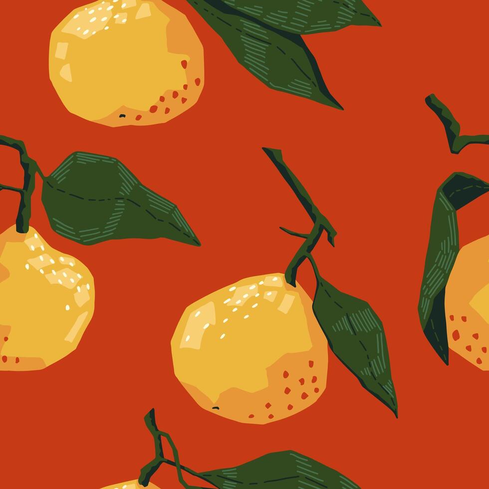 Seamless pattern of tangerines in modern geometric style. Vector illustration of citrus fruits. Mandarin oranges abstract ornament.