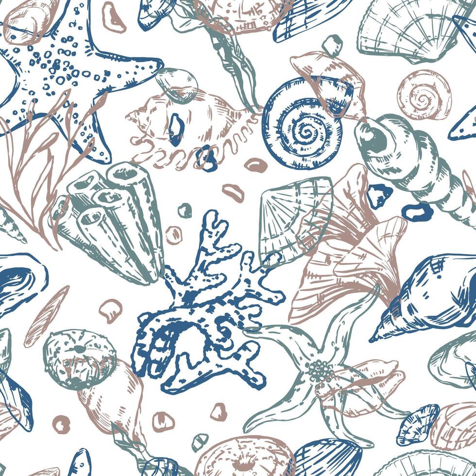 Abstract sea ornament. Sketches of starfishes, shells, stones, seaweed, coral. Vector seamless pattern of underwater life. Retro outline style design.