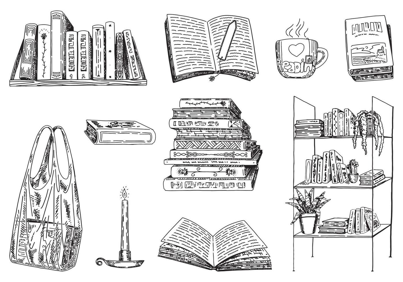 Outline reading set. Collection of books, bookshelf, cup of tea, candle. Hand drawn vector illustrations for a lover of reading. Engraving retro style clip arts isolated on white.