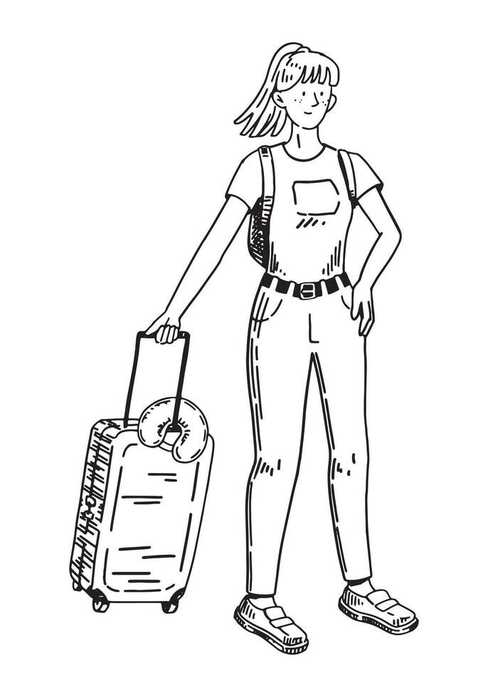 Traveler sketch, tourist clipart. Doodle of woman with suitcase. Hand drawn vector illustration in engraving style.