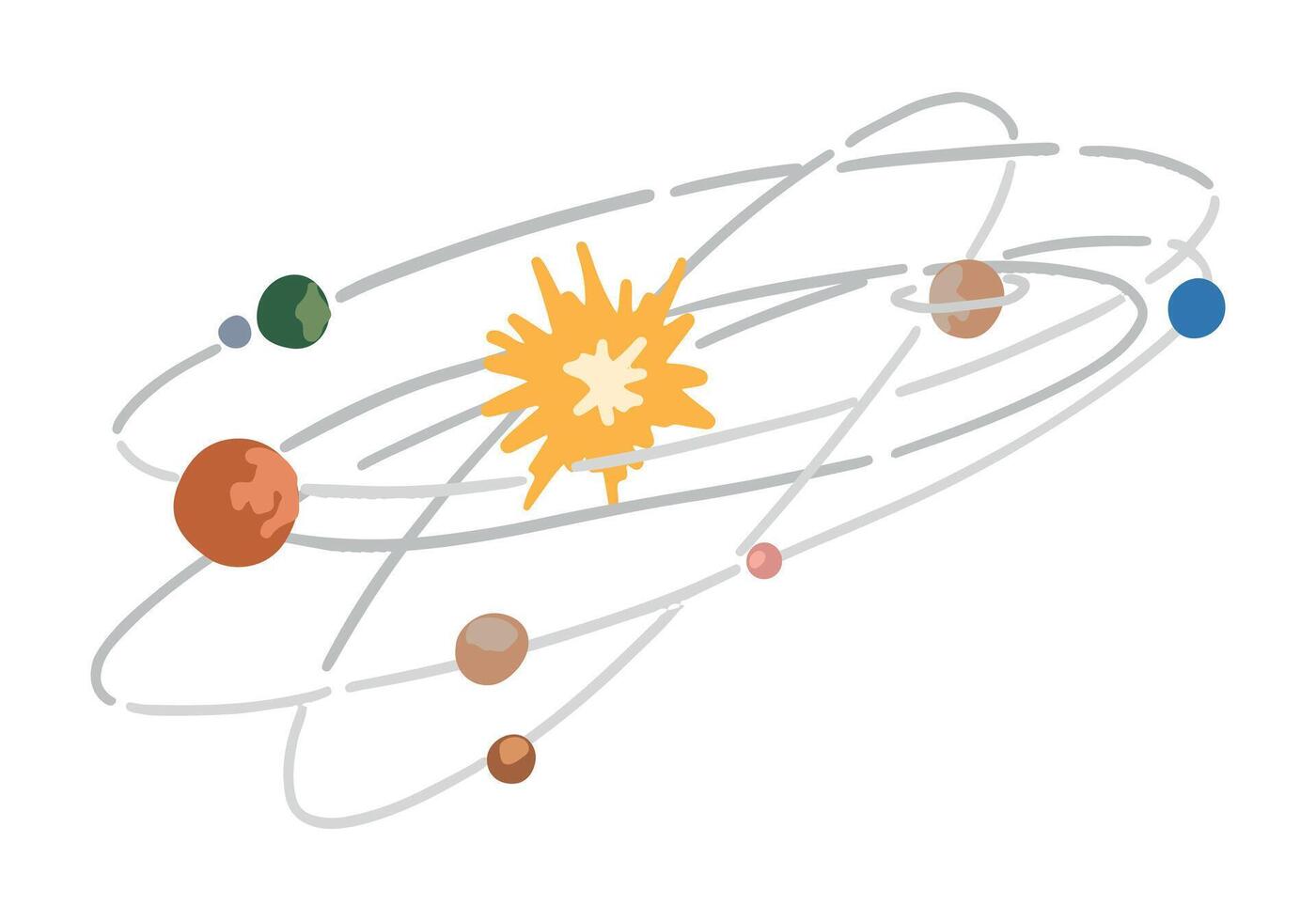 Cosmic space colored doodle. Cartoon drawing of abstract solar system. Astronomy science clipart. Hand drawn vector illustration isolated on white.