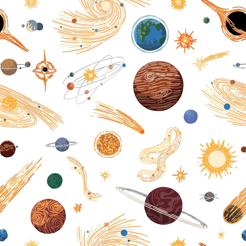 Abstract cosmic space seamless pattern. Ornament of planets, stars, comets, asteroids, galaxies. Hand drawn colorful vector illustrations.