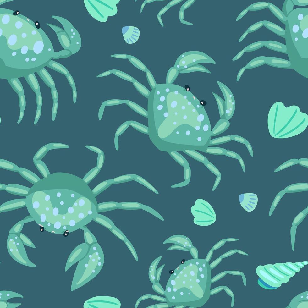 Cute crabs and seashells. Abstract vector seamless pattern. Colored cartoon ornament with sea animals. Funny modern design for print, fabric, textile, background, wallpaper, wrap, card, decor.