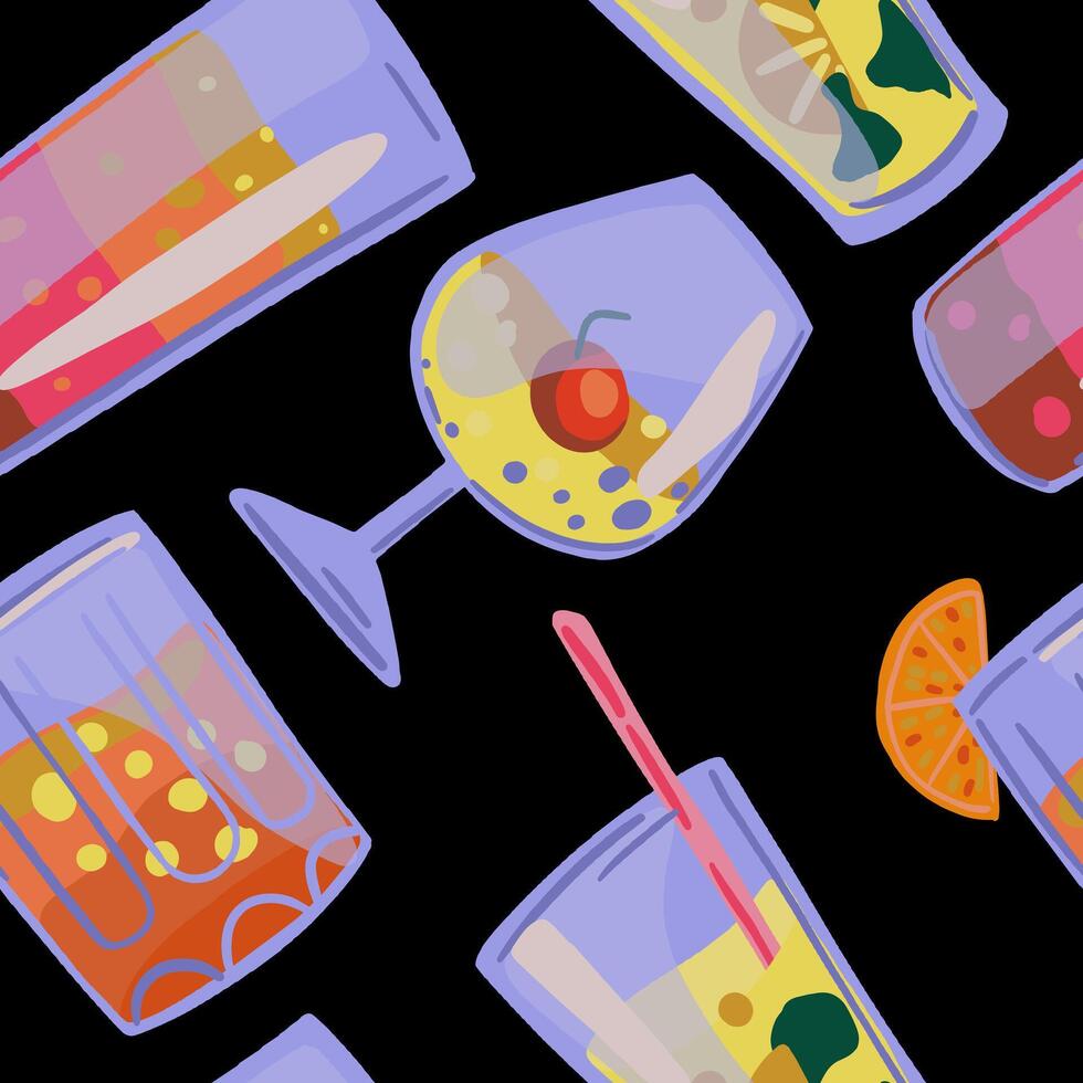 Bright cocktails, beverages in glasses seamless pattern. Colorful ornament in cartoon style. Abstract design for summer print, wrap, decor, fabric, textile, background, wallpapers. vector