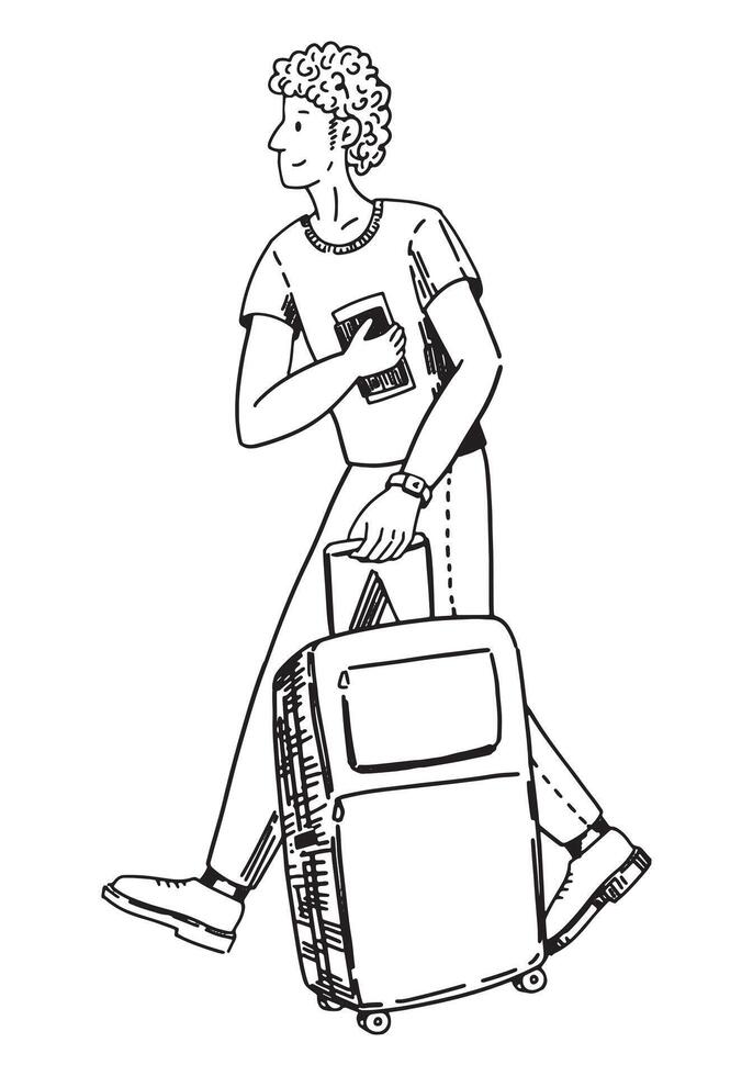 Traveler sketch, tourist clipart. Doodle of man walking with a suitcase. Hand drawn vector illustration in engraving style.