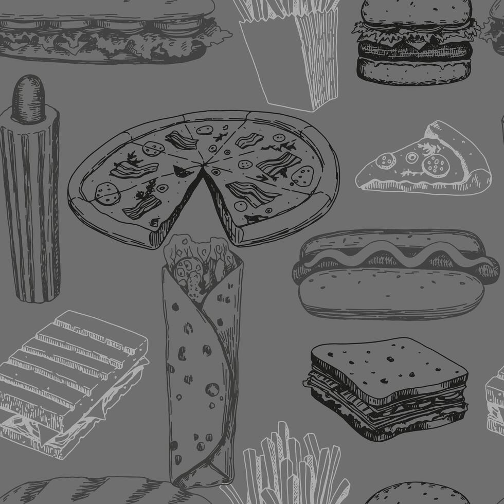 Fast food sketches seamless pattern. Delicious food ornament. Hand drawn vector illustration. Retro style design for decor, wallpaper, background, textile.