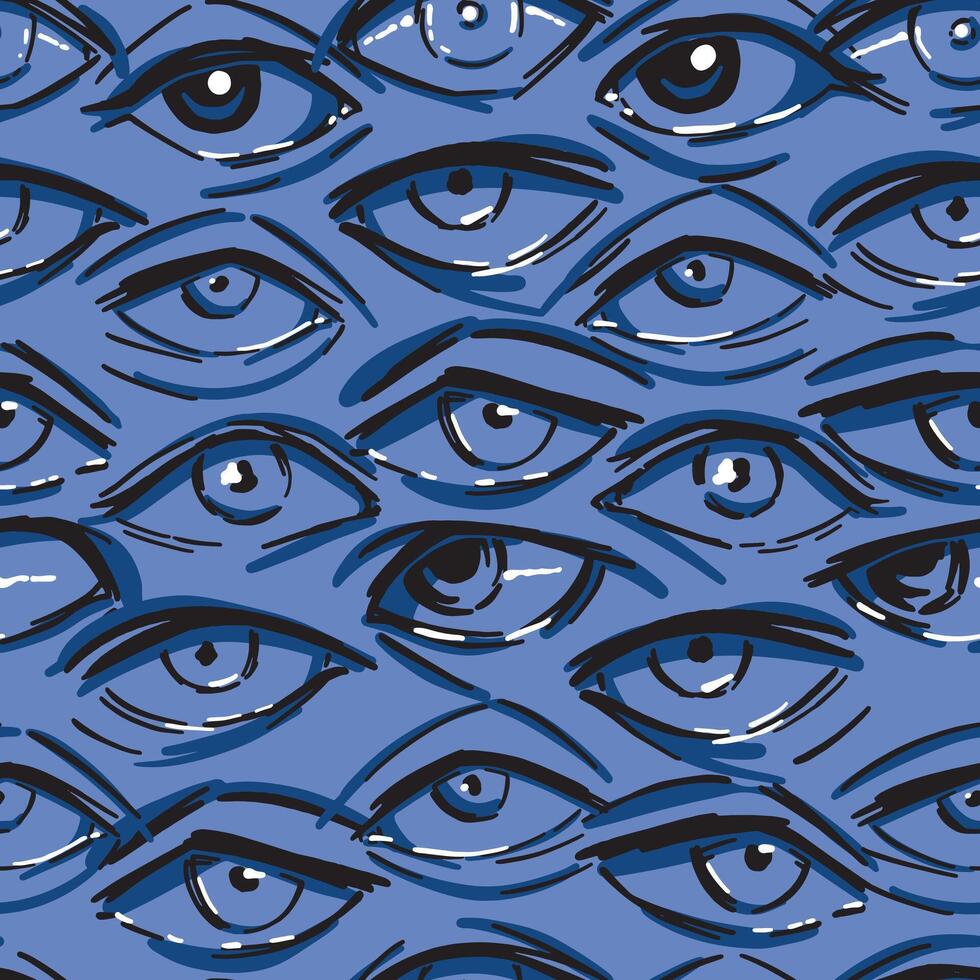 Human eyes abstract vector seamless pattern. Ornament of eyes sketches. Hand drawn design in retro style.