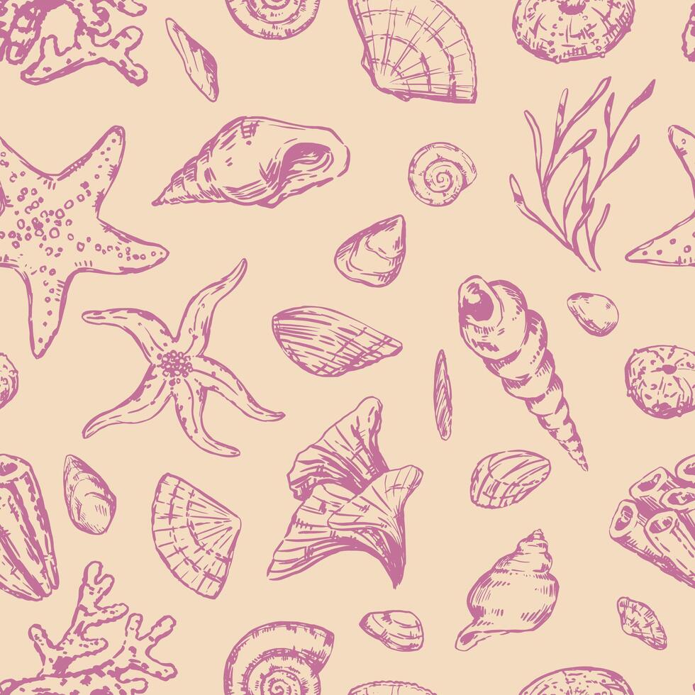 Abstract sea ornament. Sketches of starfishes, shells, stones, seaweed, coral. Vector seamless pattern of underwater life. Retro outline style design.