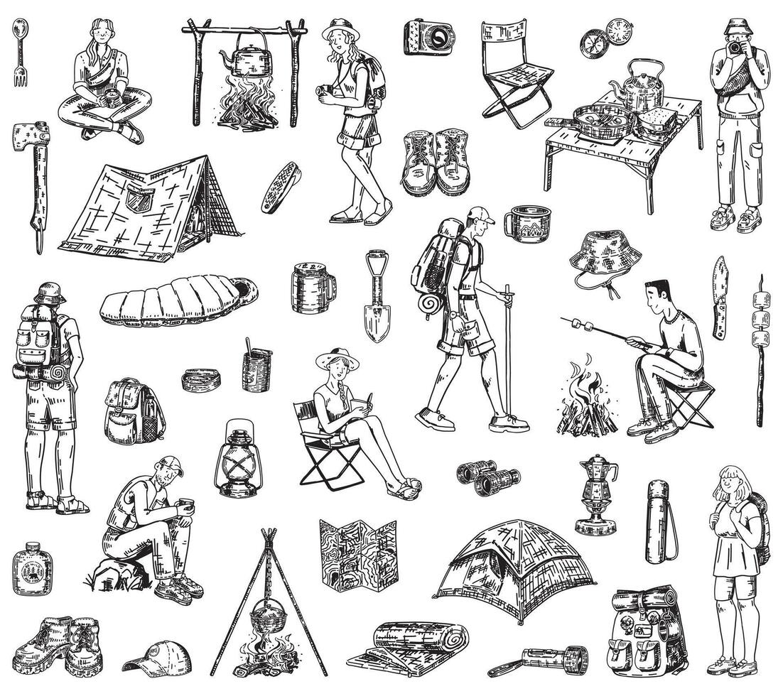 Camping doodles collection. Sketches set of people traveling, hiking equipment, journey supply. Vector illustration isolated on white.
