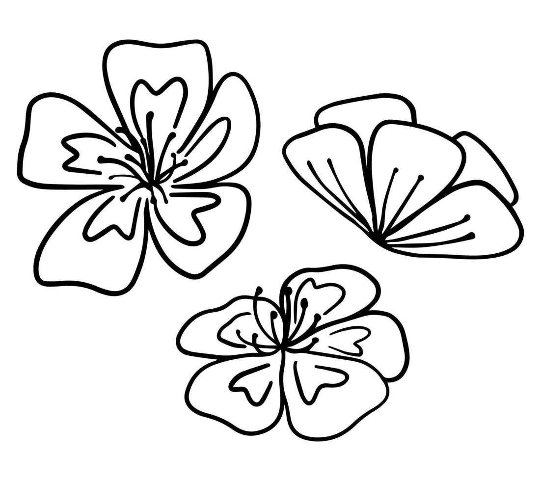 Doodles set of abstract flowers. Hand drawn vector illustrations. Black outline vintage drawings isolated on white. Simple contour fantasy botanical elements for design, cards, print, decor, stickers.